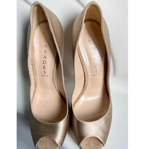Casadei Champagne Satin Platform Peep Toe Pumps - Picture 9 of 9